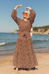 Modalamelif Çiçek Desen Fırfırli Elbise  Vizonrengi