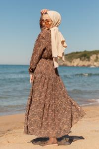 Modalamelif Çiçek Desen Fırfırli Elbise  Vizonrengi