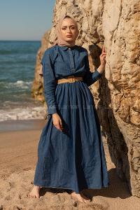 Modalamelif Hasır Kemerli Denim elbise Koyu Mavi