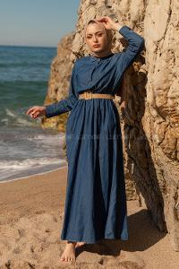 Modalamelif Hasır Kemerli Denim elbise Koyu Mavi