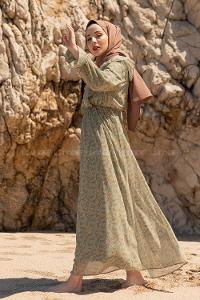 Modalamelif Önü Fırfırlı Desenli Elbise Çağla Yeşili