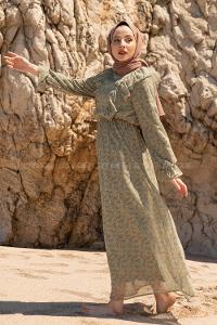 Modalamelif Önü Fırfırlı Desenli Elbise Çağla Yeşili