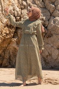 Modalamelif Önü Fırfırlı Desenli Elbise Çağla Yeşili