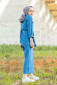 Modalamelif Önü Düğmeli Kuşaklı Takım İndigo