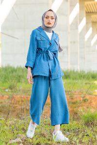 Modalamelif Önü Düğmeli Kuşaklı Takım İndigo