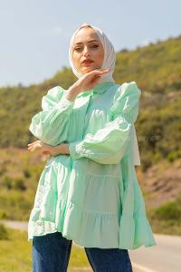 Modalamelif Önü Gizli Düğmeli Katlı Gömlek Mint Yeşili
