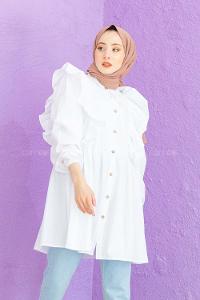 Modalamelif Gömlek Yaka Fırfırlı Tunik Beyaz