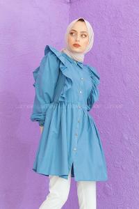 Modalamelif Gömlek Yaka Fırfırlı Tunik Mavi