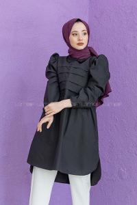 Modalamelif Gömlek Yaka Pileli Tunik Siyah