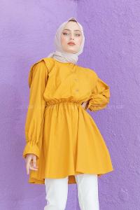 Modalamelif Hakim Yaka Bel Lastikli Tunik Hardal Sarısı