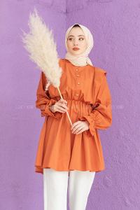 Modalamelif Hakim Yaka Bel Lastikli Tunik Kiremit