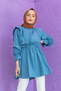 Modalamelif Hakim Yaka Bel Lastikli Tunik Mavi