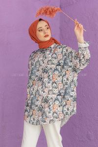 Modalamelif Kedi Baskılı Salaş Gömlek Ekru