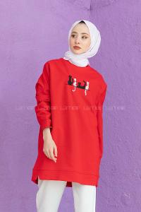 Modalamelif Kedi Baskılı Sweatshirt Kırmızı