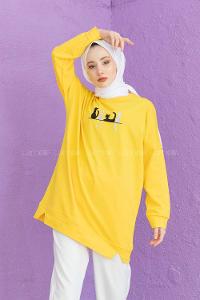 Modalamelif Kedi Baskılı Sweatshirt Sarı