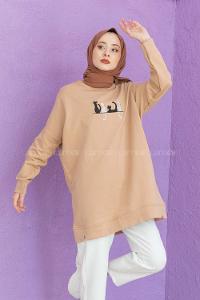 Modalamelif Kedi Baskılı Sweatshirt Sütlü Kahve