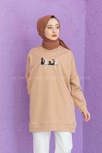 Modalamelif Kedi Baskılı Sweatshirt Sütlü Kahve