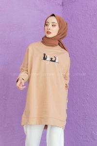 Modalamelif Kedi Baskılı Sweatshirt Sütlü Kahve