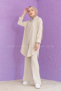 Modalamelif Önü Gizli Düğmeli İspanyol Takım Taş Rengi