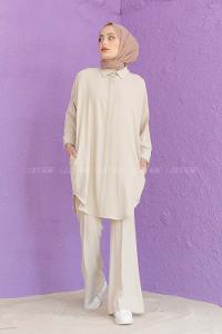 Modalamelif Önü Gizli Düğmeli İspanyol Takım Taş Rengi