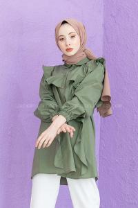 Modalamelif Önü Pileli Gömlek Haki