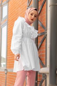 Modalamelif Beli Lastikli Fırfır Dantel Tunik Beyaz