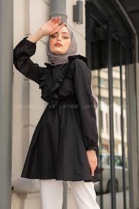 Modalamelif Beli Lastikli Fırfır Dantel Tunik Siyah