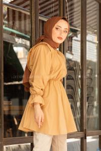 Modalamelif Hakim Yaka Bel Lastikli Tunik Camel