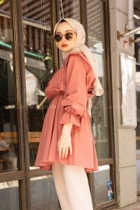 Modalamelif Hakim Yaka Bel Lastikli Tunik Gül