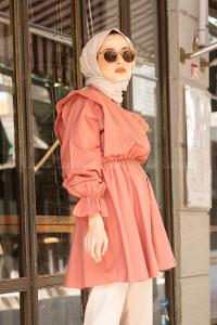 Modalamelif Hakim Yaka Bel Lastikli Tunik Gül