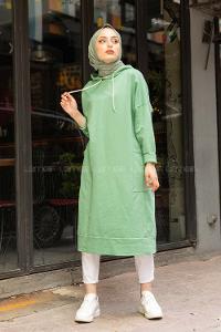 Modalamelif Kapşonlu Uzun Cep Detaylı Sweatshirt Çağla