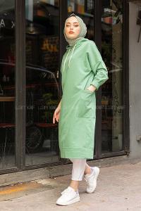 Modalamelif Kapşonlu Uzun Cep Detaylı Sweatshirt Çağla