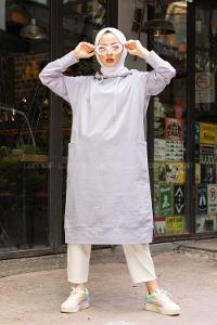 Modalamelif Kapşonlu Uzun Cep Detaylı Sweatshirt Lila