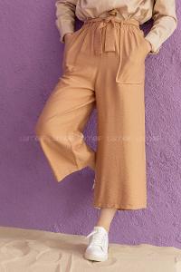 Modalamelif Bel Lastikli Kuşaklı Pantolon Camel