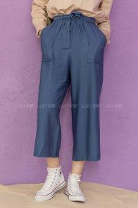 Modalamelif Bel Lastikli Kuşaklı Pantolon İndigo