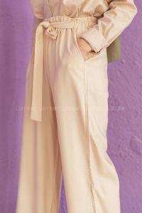 Modalamelif Önü Kuşaklı Salaş Pantolon Krem