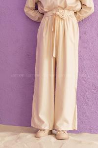 Modalamelif Önü Kuşaklı Salaş Pantolon Krem