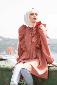 Modalamelif Gömlek Yaka Fırfırlı Tunik Gül