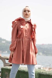 Modalamelif Gömlek Yaka Fırfırlı Tunik Gül