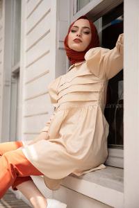 Modalamelif Gömlek Yaka Pileli Tunik Bej