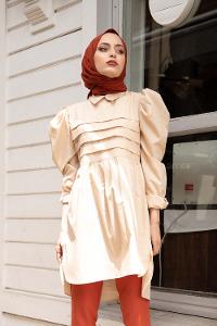 Modalamelif Gömlek Yaka Pileli Tunik Bej