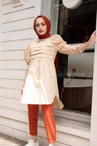 Modalamelif Gömlek Yaka Pileli Tunik Bej