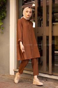 Modalamelif Önü Düğmeli İkili Takım Acı Kahve