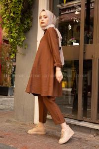 Modalamelif Önü Düğmeli İkili Takım Acı Kahve