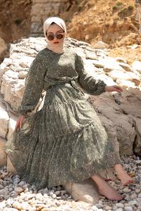 Modalamelif Çiçek Desen Fırfırli Elbise Yeşil