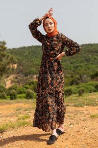 Modalamelif  Desenli  Elbise Kahverengi