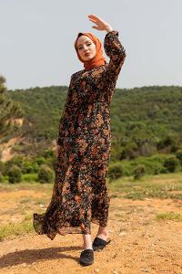 Modalamelif  Desenli  Elbise Kahverengi