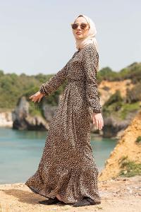 Modalamelif Leopar Desenli Elbise Bej