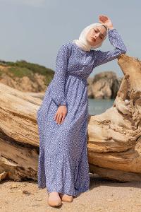 Modalamelif Mini Yaprak Desenli Elbise Mavi