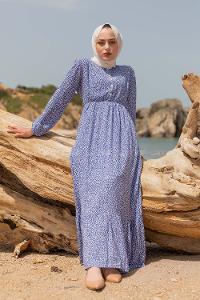 Modalamelif Mini Yaprak Desenli Elbise Mavi